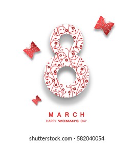 Vector 8 of March Woman's Day on the white background with text and butterflies.
