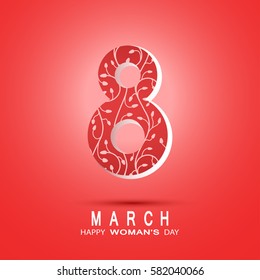 Vector 8 of March Woman's Day poster on the red gradient background with text and number.