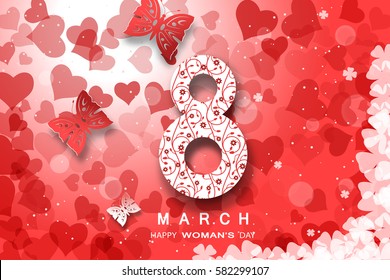 Vector 8 of March Woman's Day on the gradient red background with hearts silhouettes, text and butterflies.