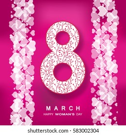 Vector 8 of March Woman's Day on the dark pink background with number, heart pattern, text and shadow.