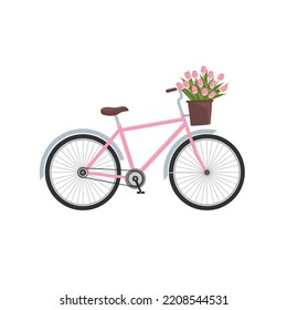 Vector 8 march is women day. Bike with basket and pink tulips. Holiday background and banner or poster for mother day. Spring floral vector illustration. Greeting realistic tulip flowers