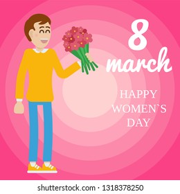 Vector 8 march women`s day congratulations man with bouquet of flowers