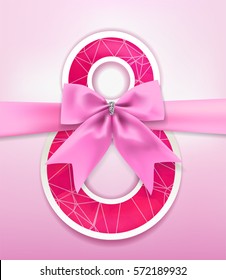 Vector 8 march womens day greeting card with number eight and pink silk bow on horizontal ribbon spring holiday
