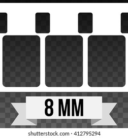 Vector 8 mm Film Strip Illustration on Black Transparent Background. Abstract Film Strip design template with white banner ribbon text