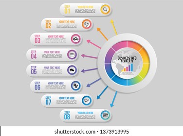 Vector 8 Options and steps Infographics Template Design. Business Data Visualization Timeline with Marketing Icons most useful can be used for presentation, diagrams, annual reports, workflow layout