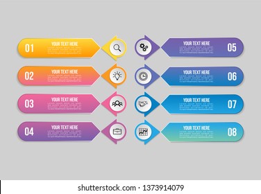 Vector 8 Options and steps Infographics Template Design. Business Data Visualization Timeline with Marketing Icons most useful can be used for presentation, diagrams, annual reports, workflow layout
