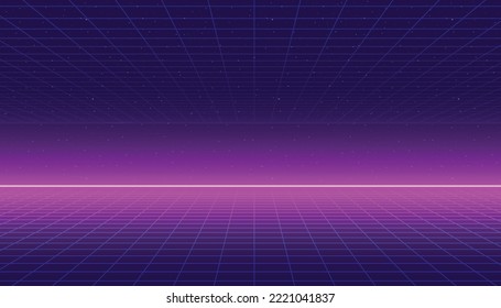 A vector 80s grid background with a neon horizon