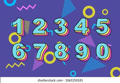 Vector of 80's retro folding numbers. Vintage script font. Vector of modern stylized font. Alphabet letters. 3d number set. Elements design. Celebration logo. 80s neon style,vintage dance night.