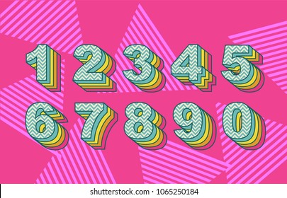 Vector of 80's retro folding numbers. Vintage script font. Vector of modern stylized font. Alphabet letters. 3d number set. Elements design. Celebration logo. 80s neon style,vintage dance night.