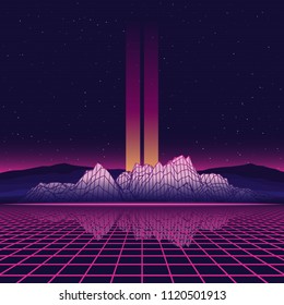 Vector 80s retro futuristic illustration. Laser grid and wireframe mountains