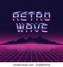 Vector 80s retro futuristic illustration. Retrowave concept, laser grid and mountains