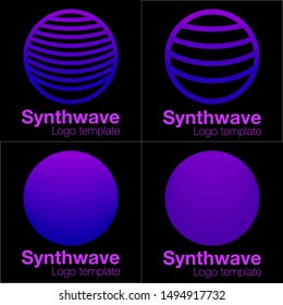 Vector 80s Retro Style Striped Shape. Neon logo designs. 4 logos set. Minimal vaporwave synthwave style. Neon circle with purple and blue. Synthwave Vector Template.