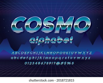 Vektorgrafik des stilisierten Retro-Alphabets der 80er Jahre mit metallischem Effekt