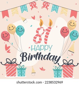 Vector 81st happy birthday vector design for greeting cards and poster with balloon and gift box design.
