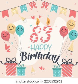 Vector 83rd  happy birthday vector design for greeting cards and poster with balloon and gift box design.
 svg