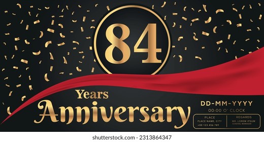 Vector 84th years anniversary celebration on dark background with golden numbers and confetti design