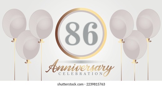 Vector 86th year anniversary celebration background. gray and gold color numbers and text with balloons.
