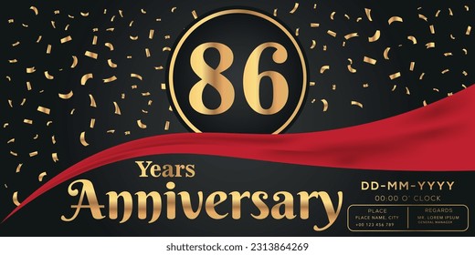 Vector 86th years anniversary celebration on dark background with golden numbers and confetti design