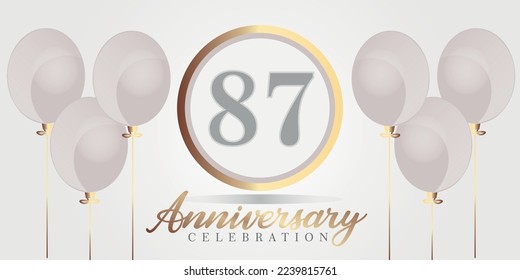 Vector 87th year anniversary celebration background. gray and gold color numbers and text with balloons.

