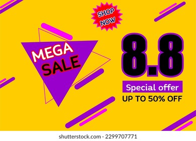 Vector 8.8 Mega Sale for Poster or banner .August 8th sale banner design templates for social media and website,Special Offer Sale 50% Off .