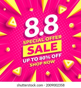 Vector of 8.8 Shopping day Poster or banner.8 August sales banner template design for social media and website.Special Offer Sale 80% Off campaign or promotion.vector illustration.