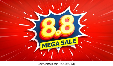 Vector of 8.8 Shopping day Poster or banner with 8 on pop art comic speech bubble.8 August sales banner template design for social media and website.Special