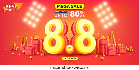 Vector of 8.8 Shopping day Poster or banner with 8 and gift box on red background.8 August sales banner template design for social media and website.Special Offer Sale 80% Off campaign or promotion.