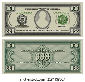 Vector 888 dollars banknote. Gray obverse and green reverse fictional US paper money in style of vintage american cash. Frame with guilloche mesh and bank seals. William Henry Harrison