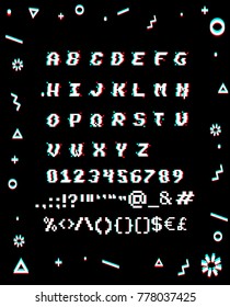 Vector 8-bit pixel art alphabet with glitch VHS effect. Letters and symbols