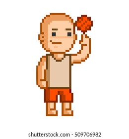 Vector 8-bit pixel art basketball on white background.