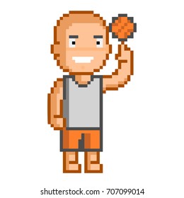 Vector 8-bit pixel art basketball on white background.