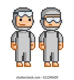 Vector 8-bit pixel art diver on white background.