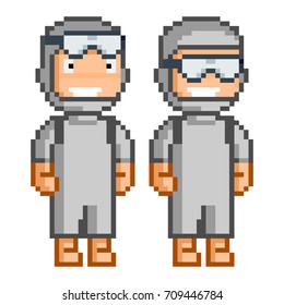 Vector 8-bit pixel art diver on white background.
