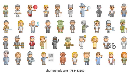 Vector 8-bit pixel art people set for video game and design on white background.