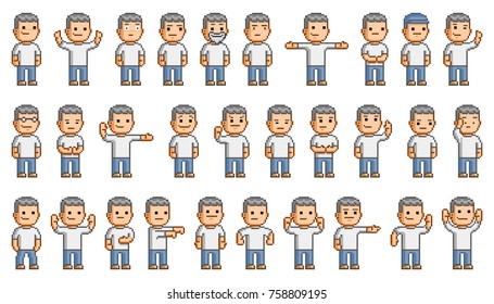 Vector 8-bit pixel art people set. Different characters on white background.