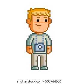 Vector 8-bit pixel art photographer. Funny man.