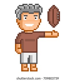 Vector 8-bit pixel art rugby on white background.