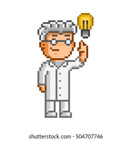 Vector 8-bit pixel art scientist on white background.