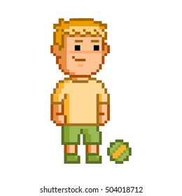 Vector 8-bit pixel art soccer player on white background.