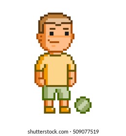 Vector 8-bit pixel art soccer player on white background.