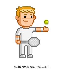 Vector 8-bit pixel art tennis player on white background.