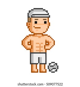 Vector 8-bit pixel art volleyball player on white background.