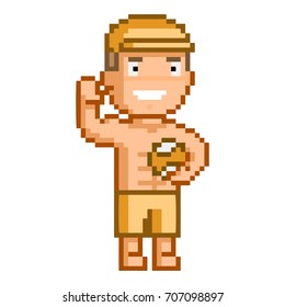 Vector 8-bit pixel art volleyball player on white background.