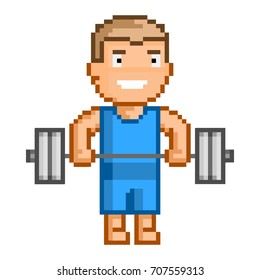 Vector 8-bit pixel art weightlifting for design on white background.