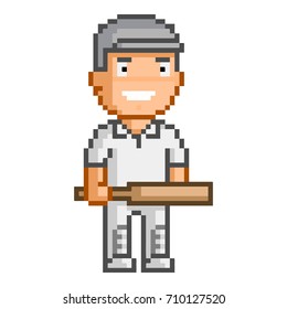 Vector 8-bit pixel cricket player for games and design.