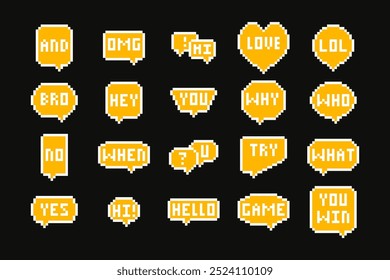 Vector 8-bit retro style pixelated speech bubbles. Pixel speech bubbles, chat speech or dialogue bubbles in 8 bit style.