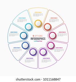 Vector 9 parts infographic design, circle chart, presentation template on white background. Global swatches.