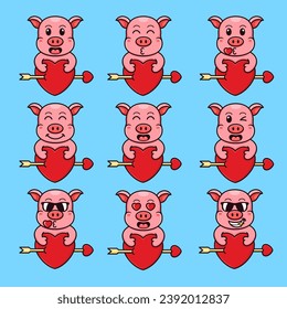 Vector 9 sets of cute cartoon pigs, special for Valentine's Day.