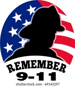 Vector 9-11 911 Fireman Firefighter American Flag Stars And Stripes 9/11 Remember September 11 Illustration Artwork Silhouette