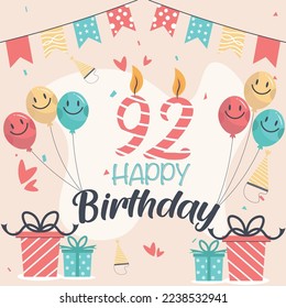 Vector 92nd happy birthday vector design for greeting cards and poster with balloon and gift box design.
